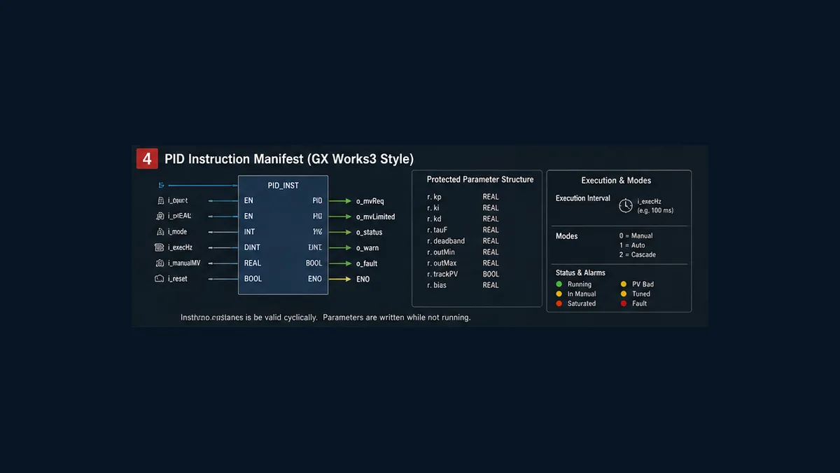 Symbolic GX Works3 FX5U PID manifest with SV PV protected parameter structure MV execution interval modes and status