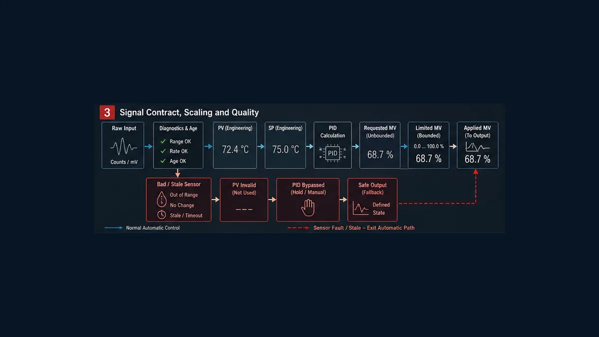FX5U PID signal contract from raw input diagnostics and age through engineering PV and SV to requested limited and applied MV with invalid sensor fallback