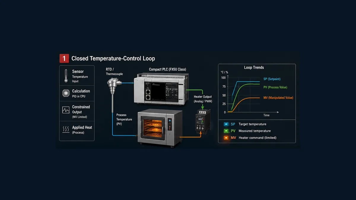 FX5U temperature PID loop concept showing sensor qualified process value CPU calculation constrained heater output applied heat and aligned SV PV MV trend
