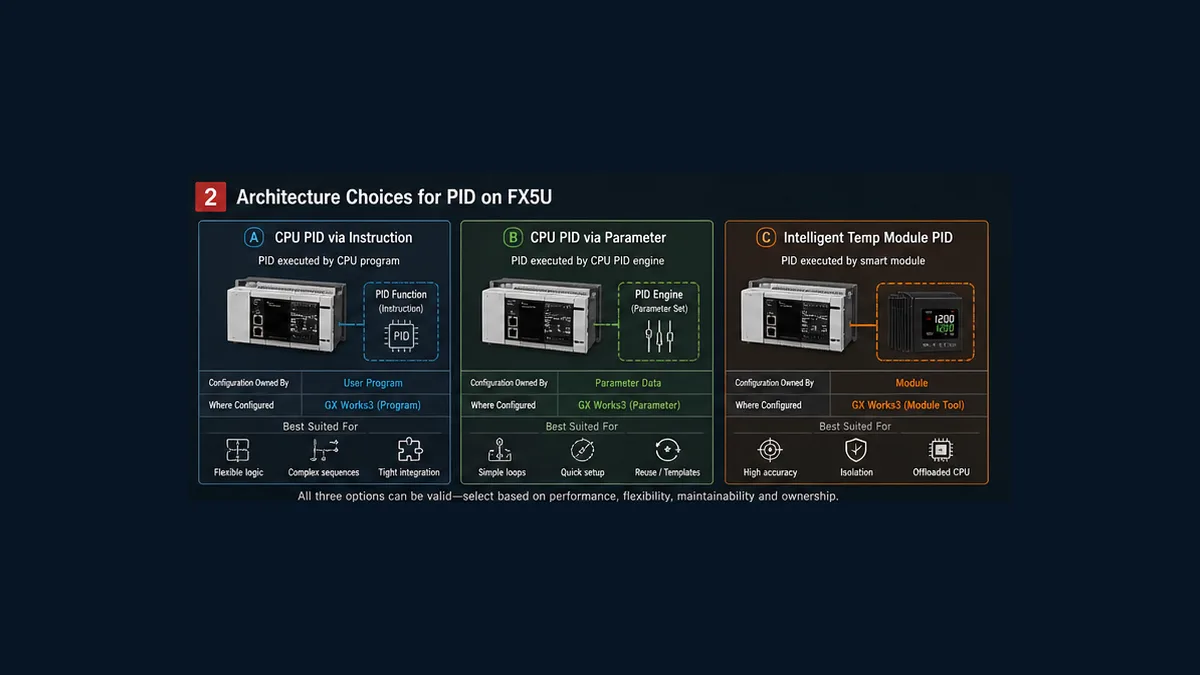 Architecture choice between FX5 CPU PID instruction GX Works3 parameter-driven PID and intelligent temperature-module PID