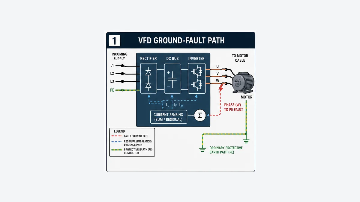 VFD rectifier DC bus inverter and motor output showing an unintended phase to protective earth current path and residual current imbalance