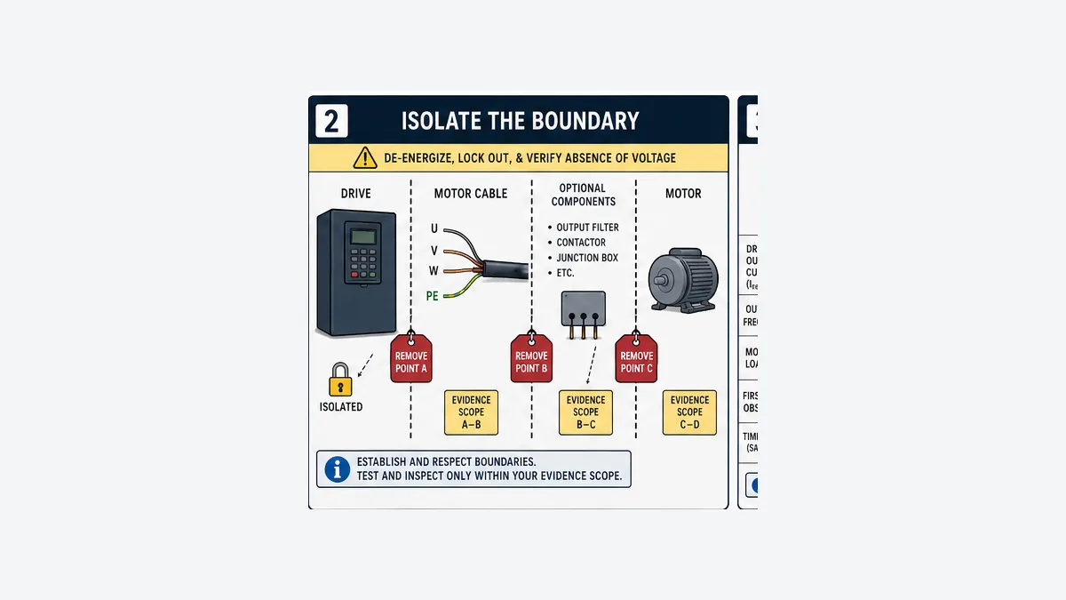 De-energized VFD ground fault isolation boundaries separating drive motor cable output filter contactor junction box and motor into evidence scopes