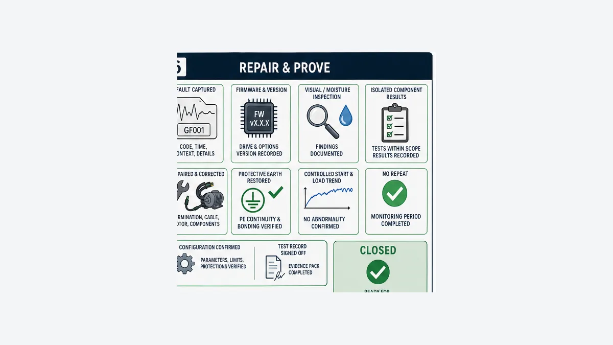 VFD ground fault repair evidence pack with captured code firmware inspection isolated test results corrected component protective earth restoration controlled load trend no repeat monitoring and signoff