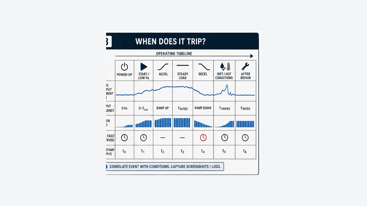 VFD ground fault timeline correlating first fault with power up low frequency acceleration steady load deceleration wet or hot conditions and after repair
