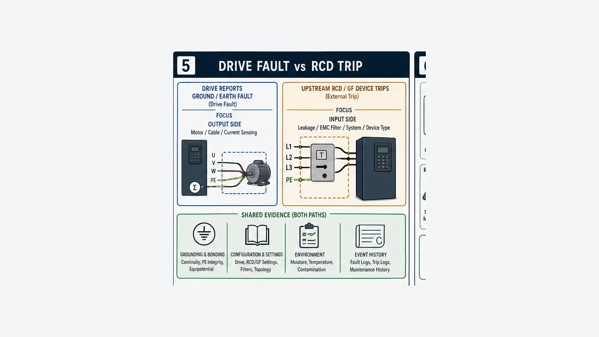 Decision comparison between a VFD reported ground earth fault focused on the output motor cable and an upstream RCD or ground fault device trip focused on input leakage EMC filter topology and device type