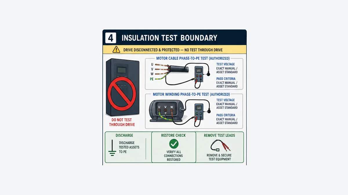 Authorized insulation test boundary with VFD disconnected and protected while motor cable and motor windings are tested separately using exact manual voltage and acceptance criteria