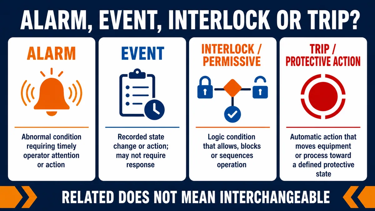Conceptual comparison of an actionable alarm, recorded event, interlock or permissive, and automatic trip or protective action