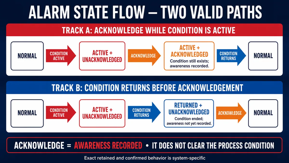 Conceptual alarm state flow showing acknowledge-while-active and return-before-acknowledgement as two separate valid paths