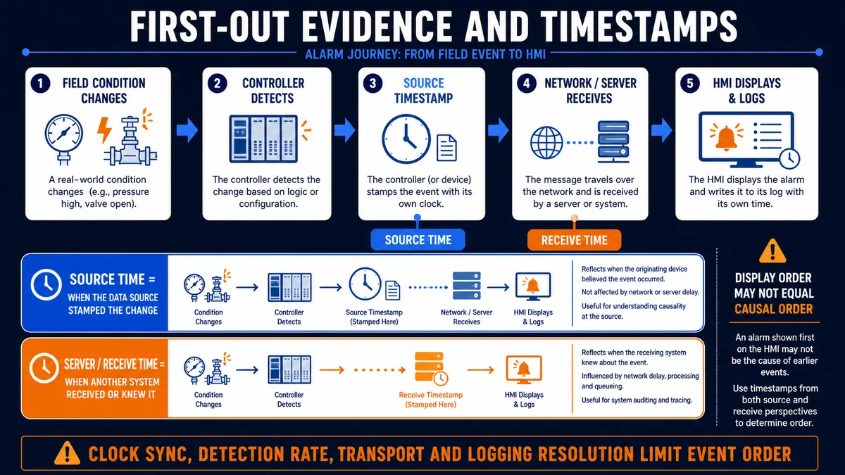 Conceptual event journey comparing source timestamp with network or server receive time from field change to HMI logging