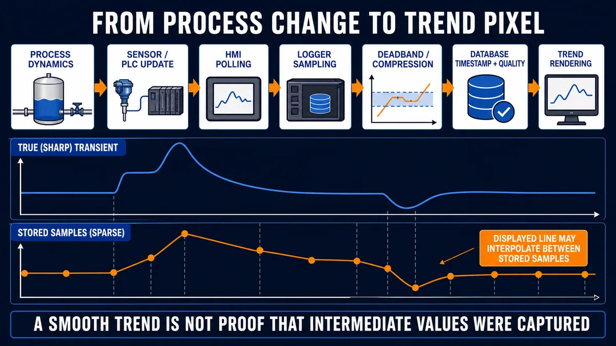 Conceptual trend fidelity path from process and PLC update through HMI polling, logger sampling, deadband, database quality and rendered interpolation