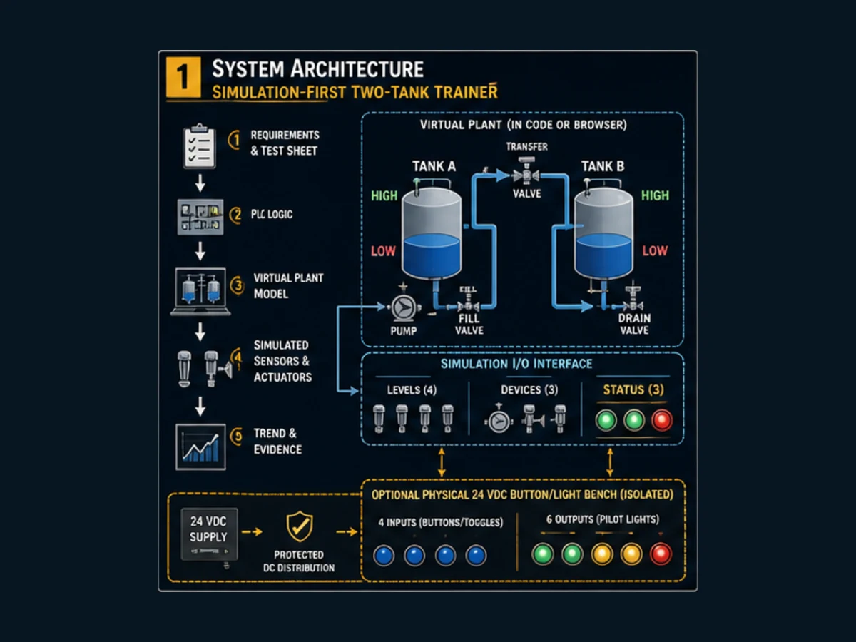Simulation-first home PLC project architecture connecting learner controls, a state controller, virtual two-tank plant, diagnostics and acceptance evidence