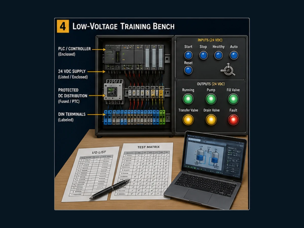 Conceptual enclosed low-voltage PLC training bench with protected distribution switches terminal blocks and indicator lights