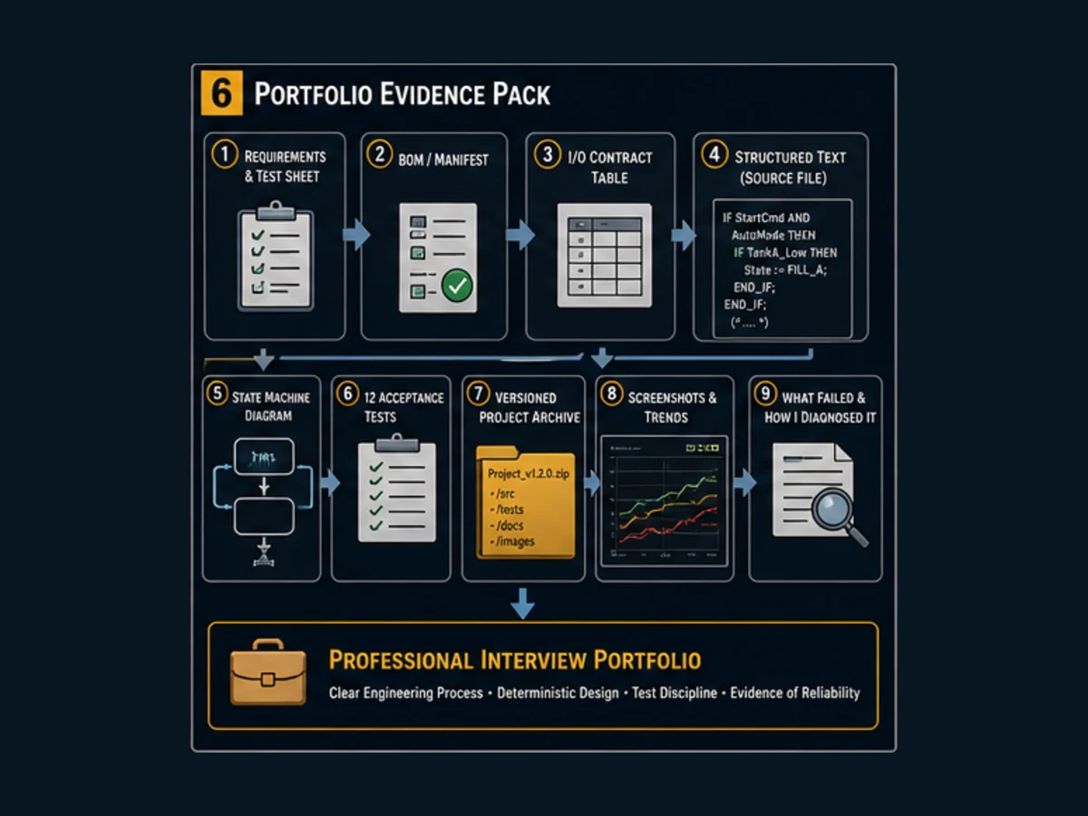 PLC portfolio evidence pack containing requirement state diagram source manifest acceptance table normal trace fault trace and conclusions