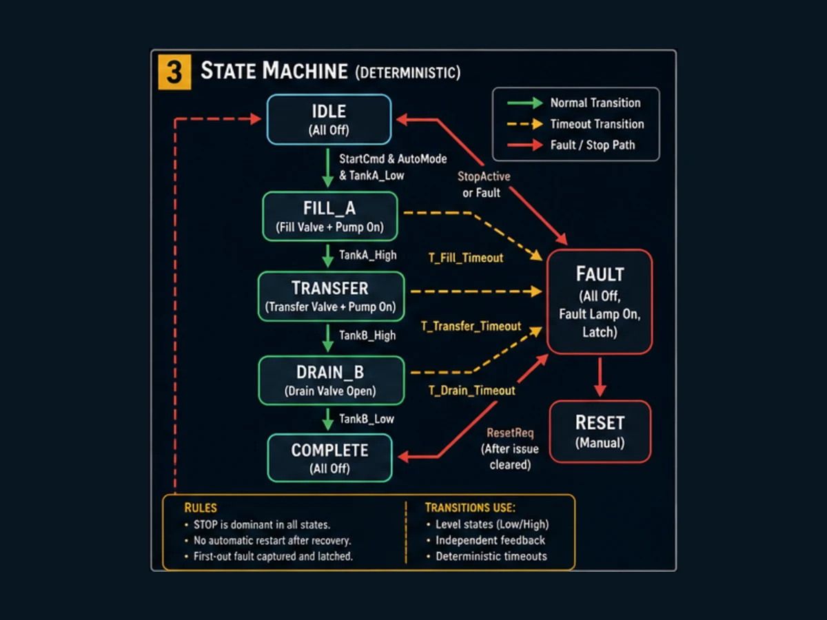 State diagram for a home PLC two-tank project with idle fill transfer drain complete and fault states