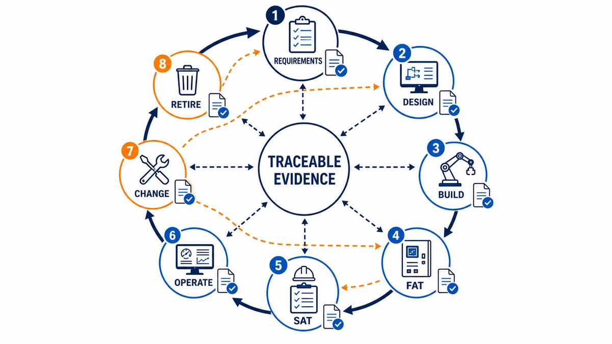 Industrial automation lifecycle from requirements and design through build, FAT, SAT, operation, change and retirement with traceable evidence