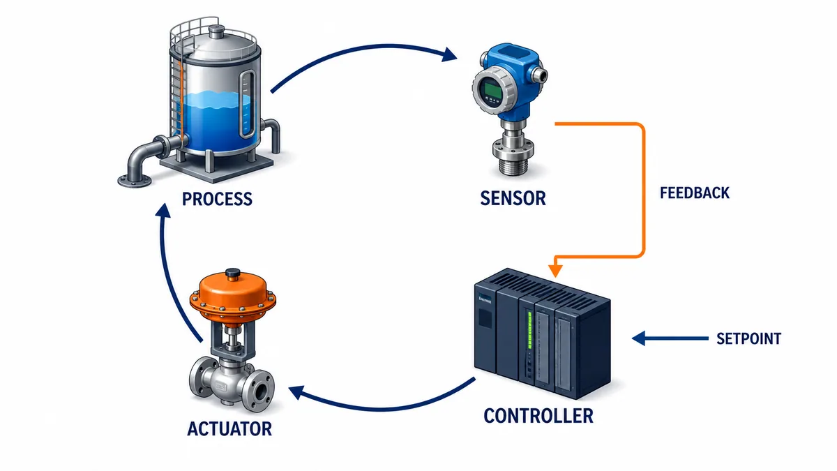 Conceptual closed industrial control loop from process through sensor and controller to actuator with setpoint and feedback