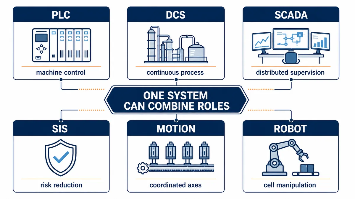 Conceptual roles for PLC, DCS, SCADA, safety instrumented system, motion control and robot control in one automation system