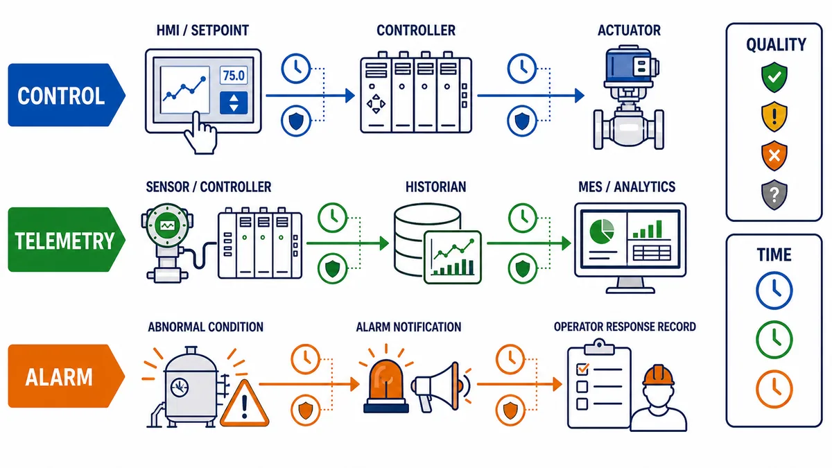 Industrial data paths separating control commands, time-stamped quality-aware telemetry and alarms with operator response records