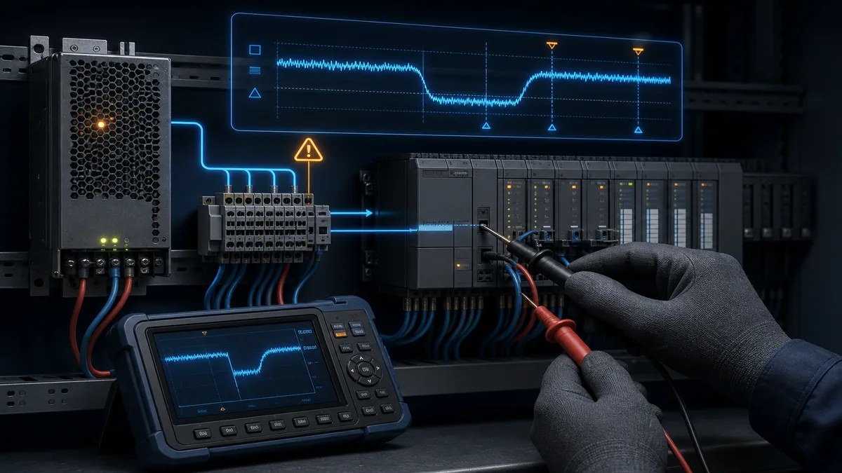 Control power supply and PLC measurement setup capturing a short voltage dip and recovery