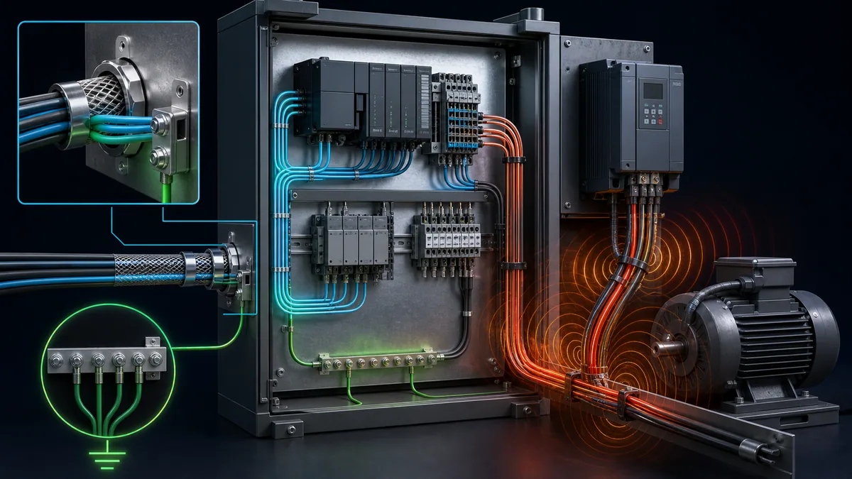 Control cabinet showing signal and motor cable separation, shield entry and bonded grounding paths