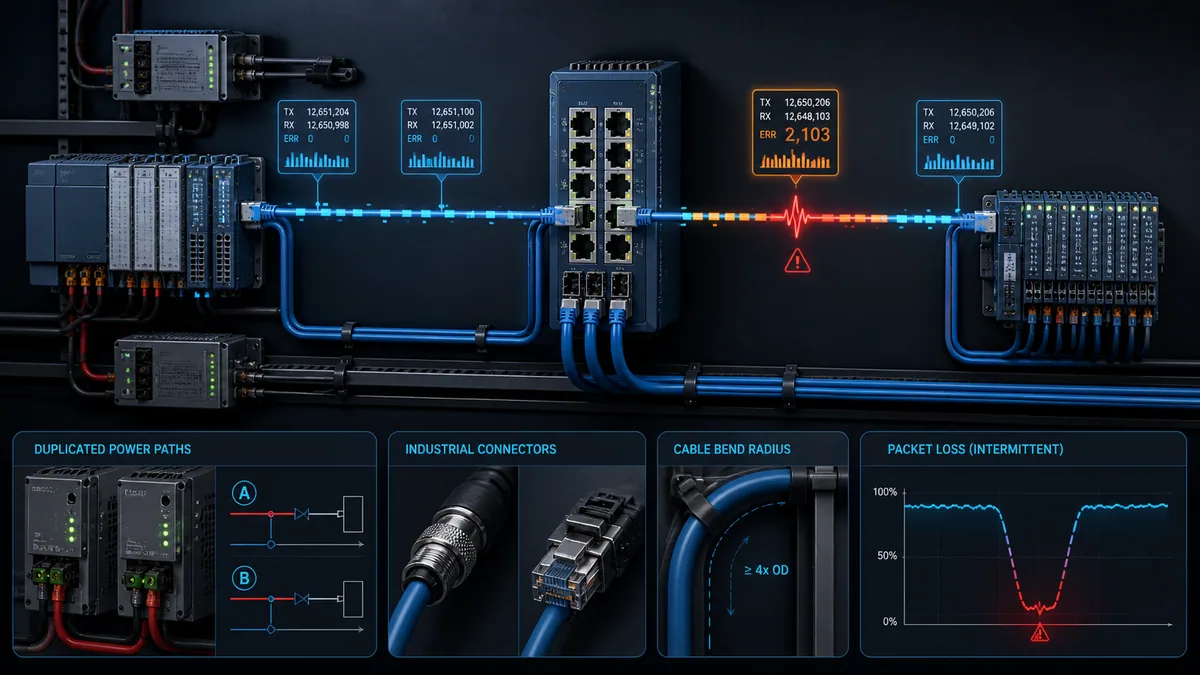 Industrial Ethernet topology correlating a brief link disturbance with switch and remote I/O evidence