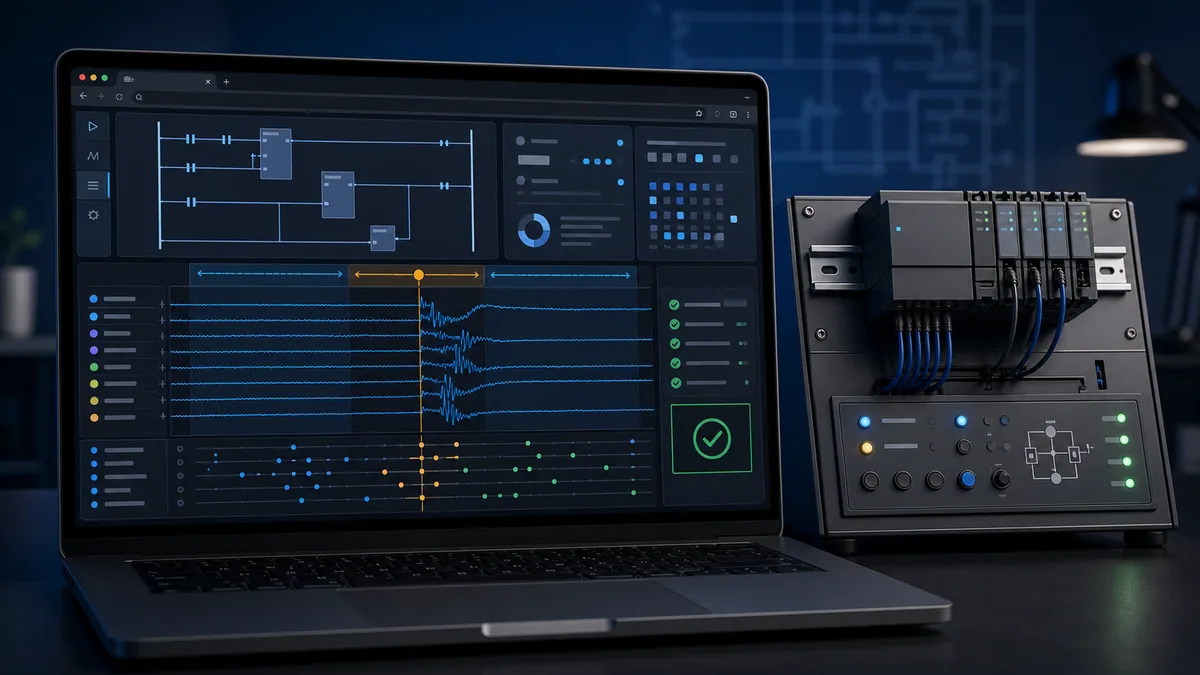 Browser-based intermittent PLC fault recorder showing trends, event strip, trigger and verified recovery