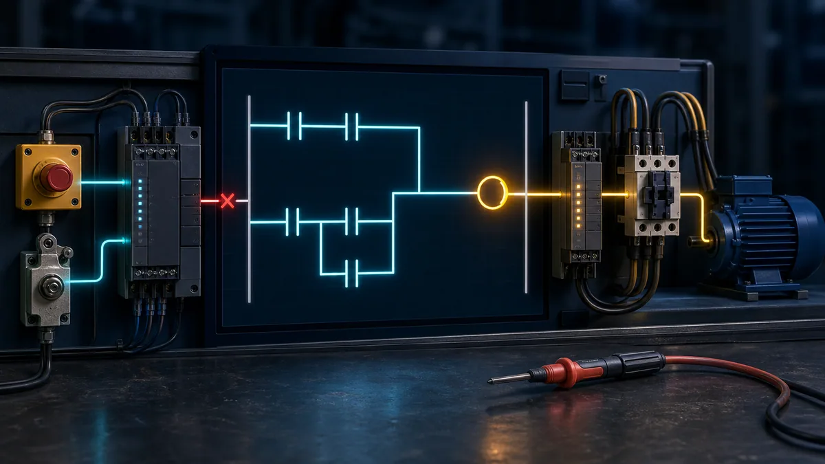 Boolean troubleshooting chain from field switches through PLC input and online ladder branches to output module, contactor and motor with one failed boundary