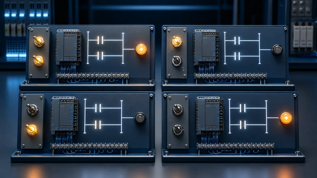 Four PLC input and output test rigs representing every two-input Boolean truth-table combination