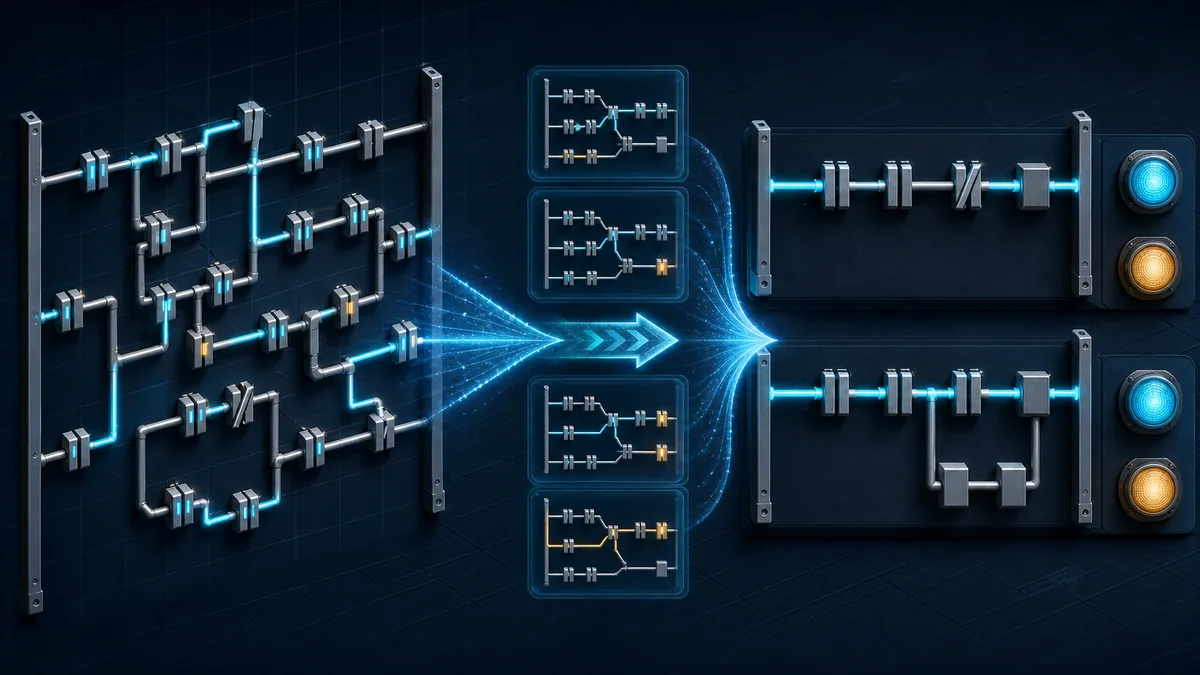 Dense nested ladder network decomposed into small Boolean groups and two readable ladder networks with diagnostic outputs