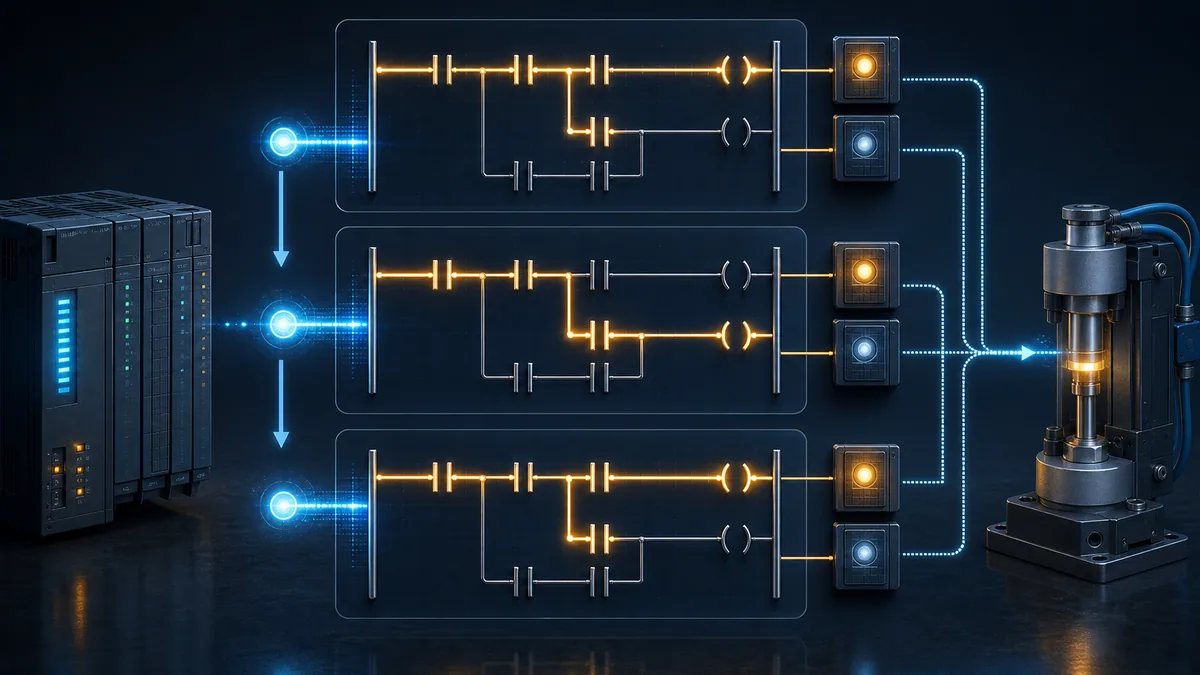 PLC scan pulses moving through stacked ladder networks before the resolved output state reaches a field actuator