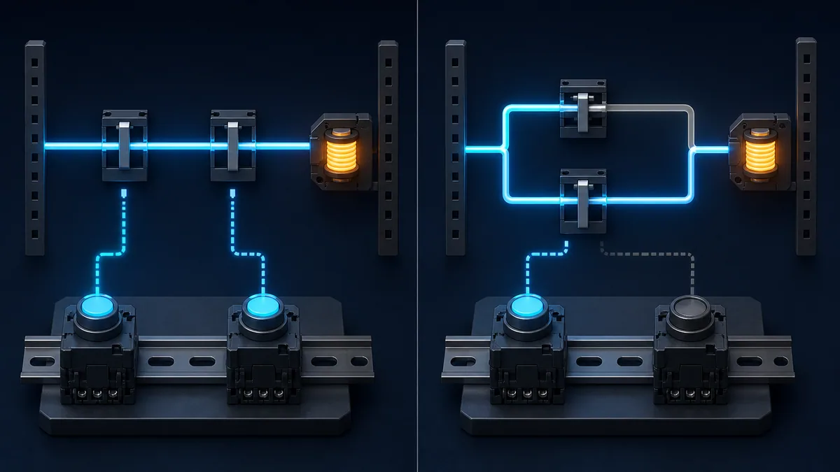 Comparison of two series PLC contacts implementing AND and two parallel branch contacts implementing OR