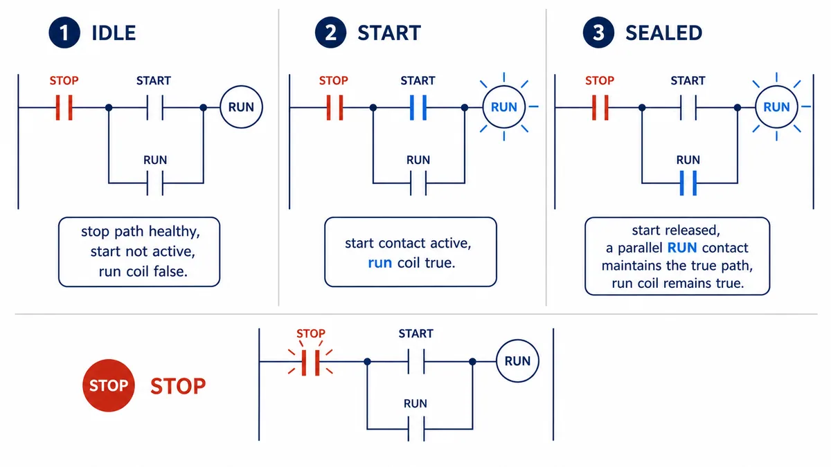 Conceptual three-stage ladder seal-in sequence from idle through start to a run contact maintaining the true rung, followed by a stop event
