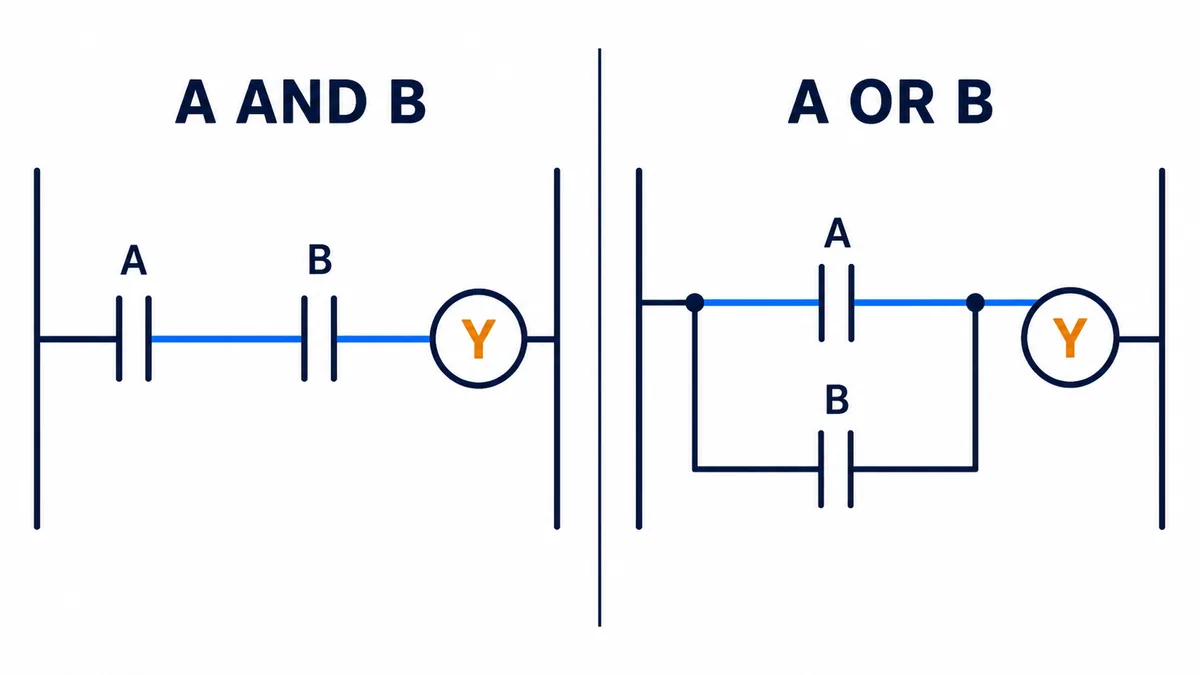 Ladder logic comparison showing series A and B contacts as AND and parallel A or B contacts as OR