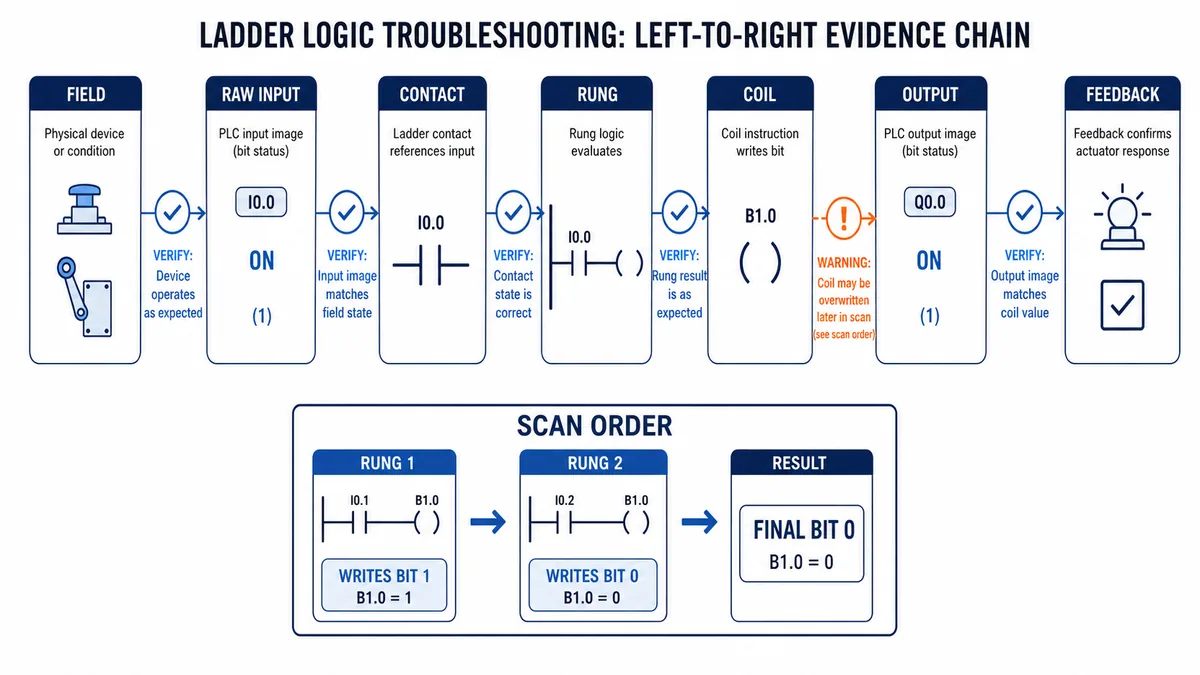 Ladder troubleshooting chain from field and raw input through contact, rung, coil, output and feedback, with scan-order overwrite inset
