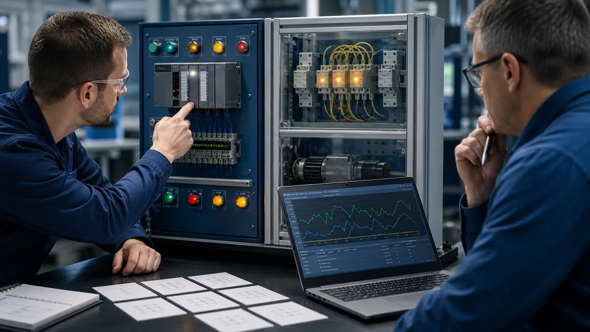 Engineer and technician reproducing a compact PLC sequence fault on a guarded training skid while reviewing trend evidence