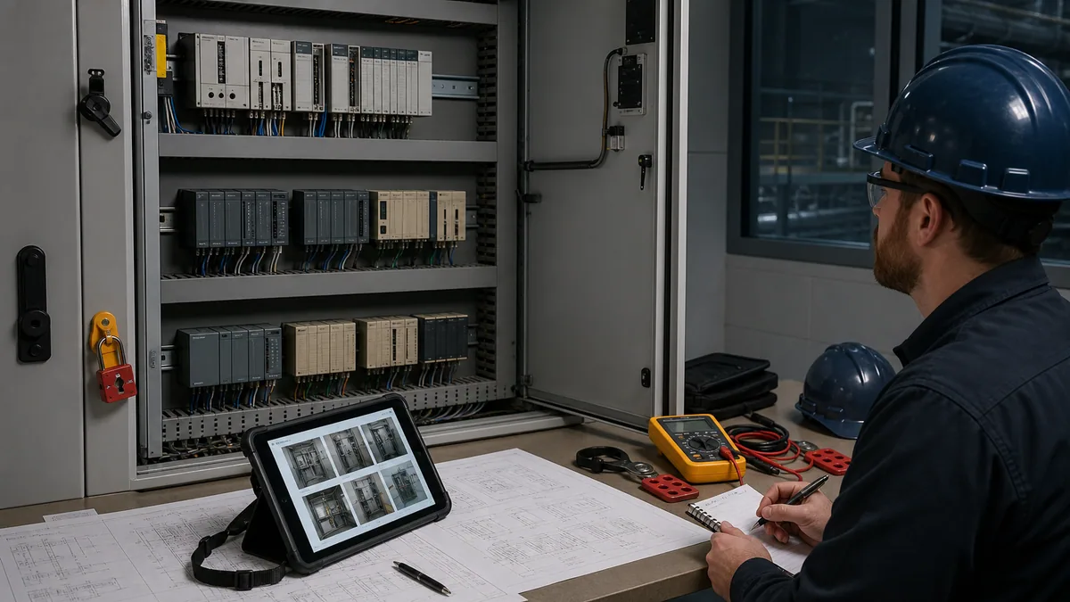 Controls technician documenting a vendor-neutral installed legacy PLC cabinet, module order and drawings under controlled conditions