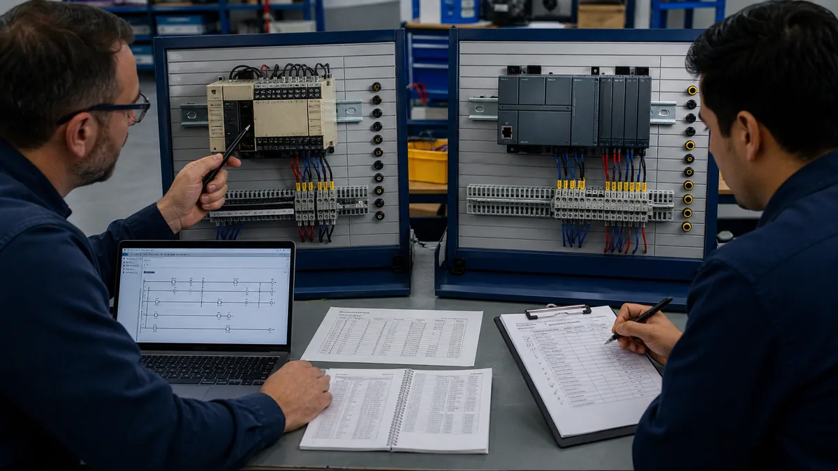 Two engineers mapping a vendor-neutral legacy compact PLC and terminal strip to a modern micro PLC training panel