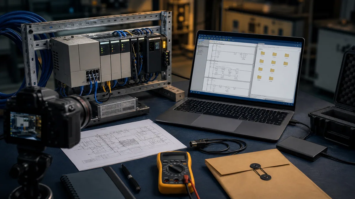 Vendor-neutral legacy PLC recovery station with project archive, label photographs, wiring drawing and isolated engineering laptop