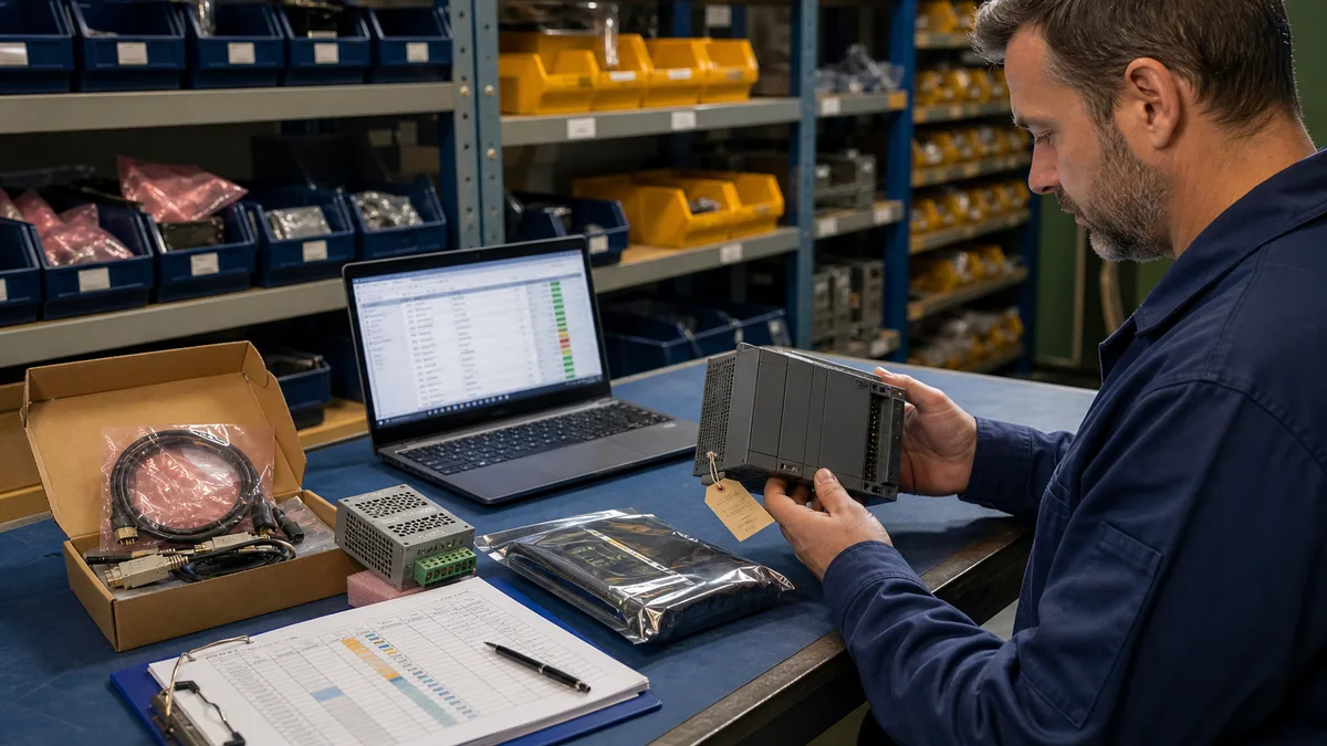 Reliability engineer auditing tested legacy PLC spares, communication cables and recovery records in an organized storeroom