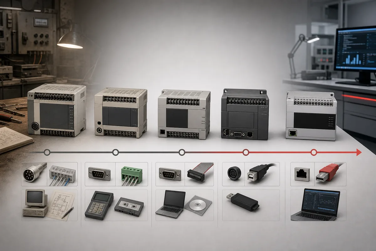 Conceptual compact PLC generation timeline progressing from legacy installed equipment to current modular controllers