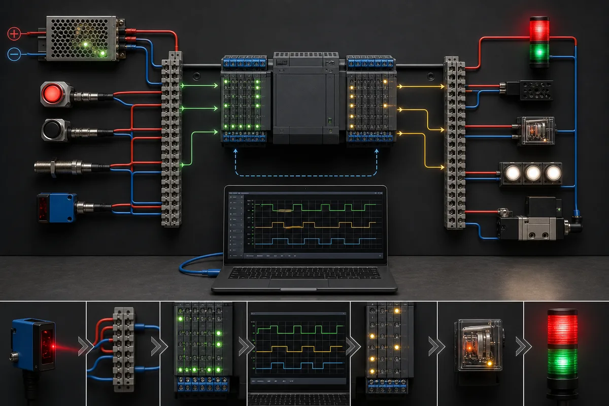PLC input and output diagnostic evidence chain from field device through terminal and logic to actuator feedback