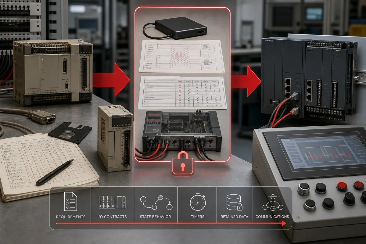 PLC migration evidence gate with old controller inventory, program conversion, I O mapping and witnessed test stages