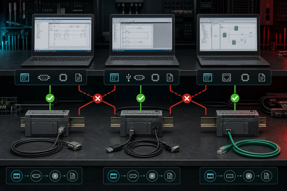 Engineering software compatibility decision with PLC identity, project file, approved cable and verified tool version