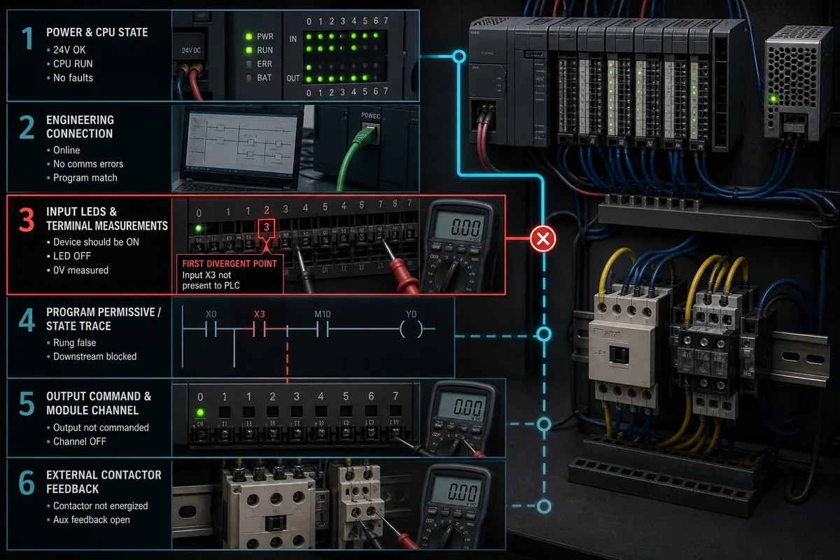 Compact PLC troubleshooting path separating power, CPU, logic, output, actuator and process feedback boundaries