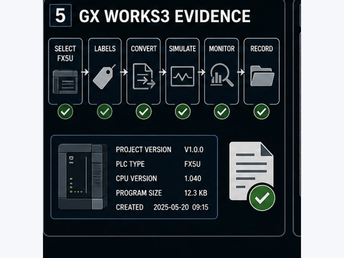 Generic GX Works3 evidence workflow showing project selection device comments conversion simulation monitoring and handoff