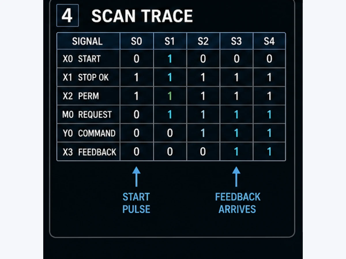Scan-by-scan Mitsubishi FX5U example trace from start edge through run request command delayed feedback and stable running