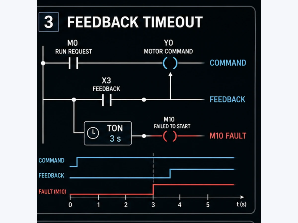 Mitsubishi FX5U feedback timeout concept where Y0 command without X3 feedback starts a three-second timer and latches M10 StartFail