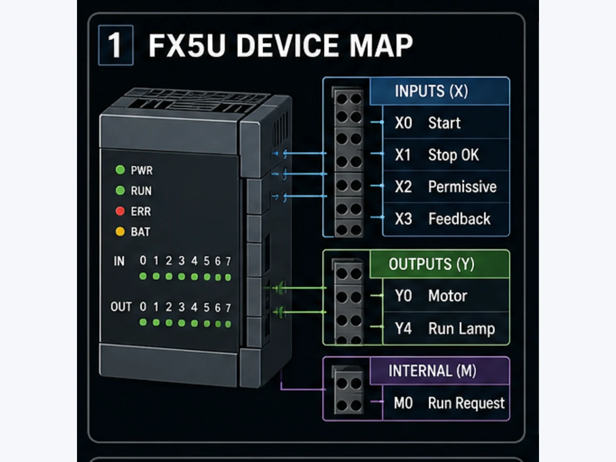 Mitsubishi FX5U motor example device map from X0 start X1 stop X2 permissive and X3 feedback through M0 run request to Y0 command