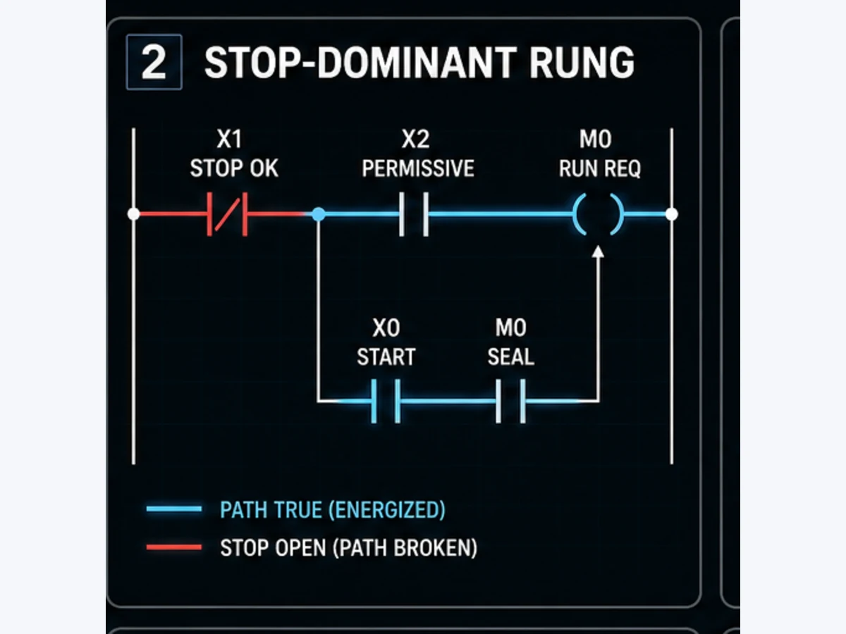 Stop-dominant Mitsubishi PLC ladder concept showing the seal-in path broken when the healthy stop input is open