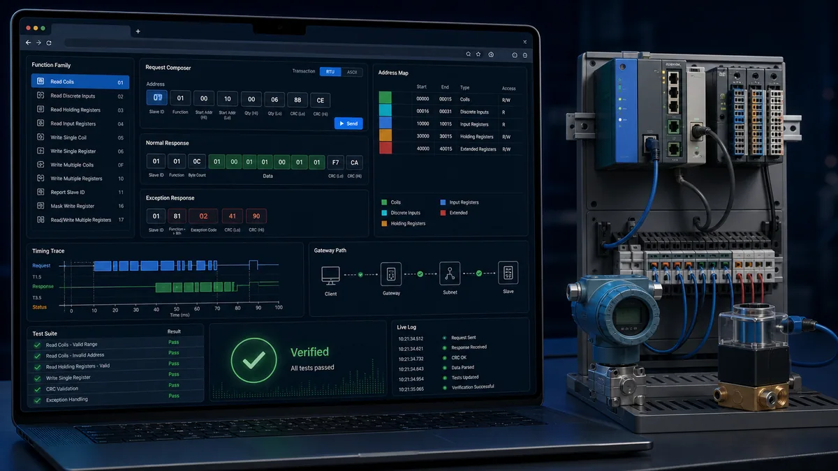 Laptop-based Modbus simulator lab validating normal, exception, delayed and no-response test cases before field deployment